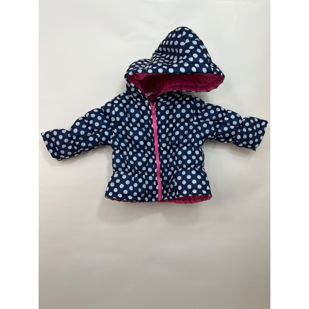 Peanuts Button Hooded Quilted Coat Jacket Navy with White Polka Dot Sz 12 Months